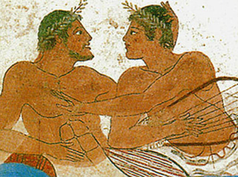 Bild zweier alter Griechen, die sich liebkosen. Mythos Fisting