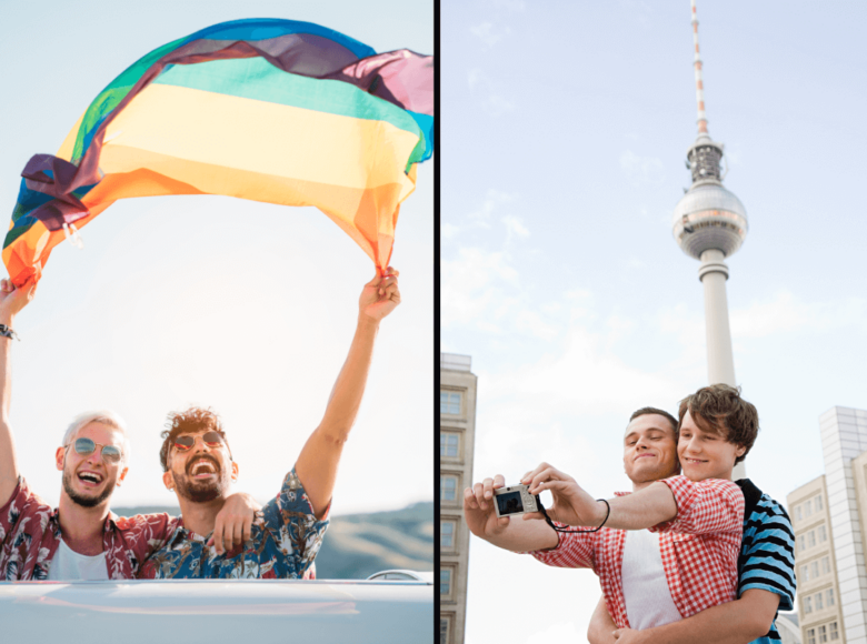 Besten europäischen Städte für Schwule. Symbobilder: Links - Zwei Männer halten die Regenbogenfahne in den Wind. Rechts - ein schwules Paar macht ein Selfie vor dem Fernsehturm. Englisch: Best European cities for gays. Symbol images: Left - Two men hold the rainbow flag in the wind. Right - a gay couple takes a selfie in front of the TV tower.