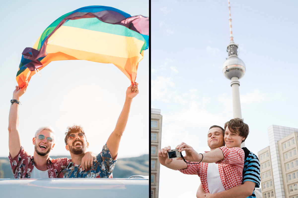 Besten europäischen Städte für Schwule. Symbobilder: Links - Zwei Männer halten die Regenbogenfahne in den Wind. Rechts - ein schwules Paar macht ein Selfie vor dem Fernsehturm. Englisch: Best European cities for gays. Symbol images: Left - Two men hold the rainbow flag in the wind. Right - a gay couple takes a selfie in front of the TV tower.