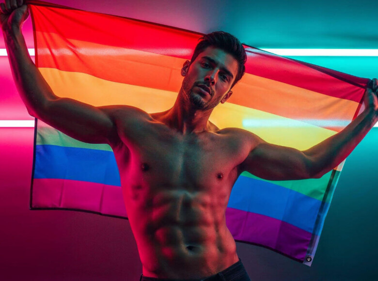 CSD 2025 Termine Juli, August & September. Symbolbild: Ein Mann mit nacktem Oberkörper hält die Regenbogenfahne. CSD 2025 dates for July, August, and September. Symbolic image: A man with a bare torso holding a rainbow flag.