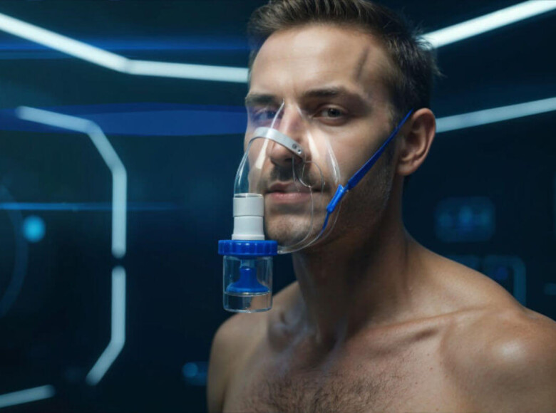 Beste Poppers Symbolbild: Mann mit Poppers-Maske. Best poppers Symbolic image: Man wearing a poppers mask.