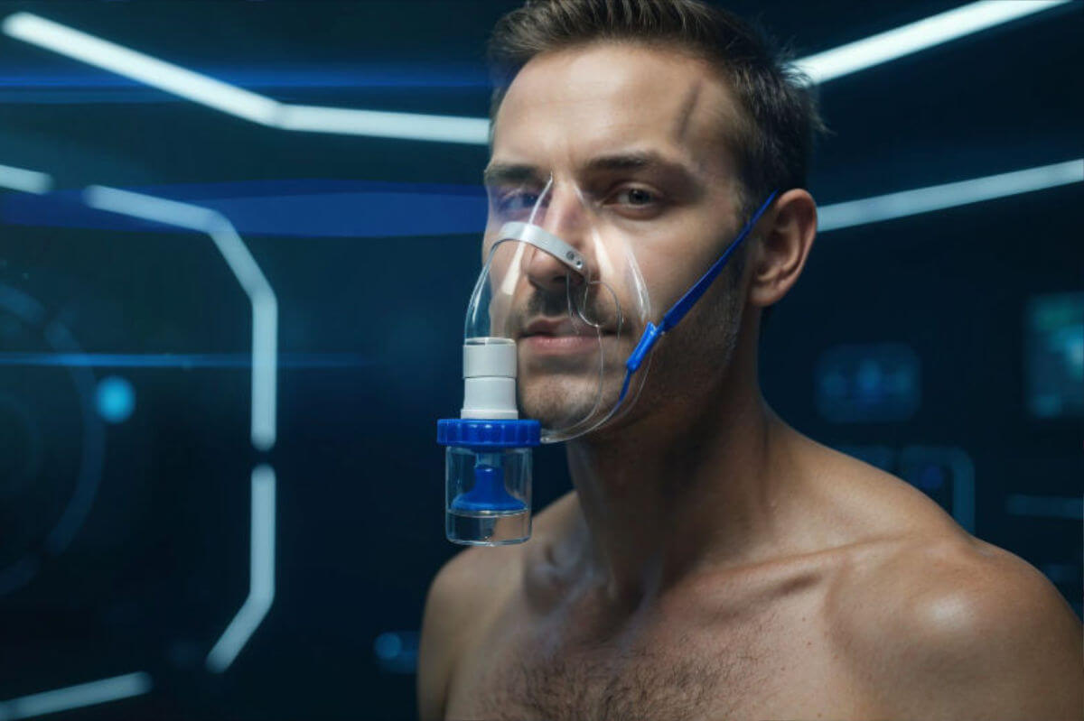 Beste Poppers Symbolbild: Mann mit Poppers-Maske. Best poppers Symbolic image: Man wearing a poppers mask.