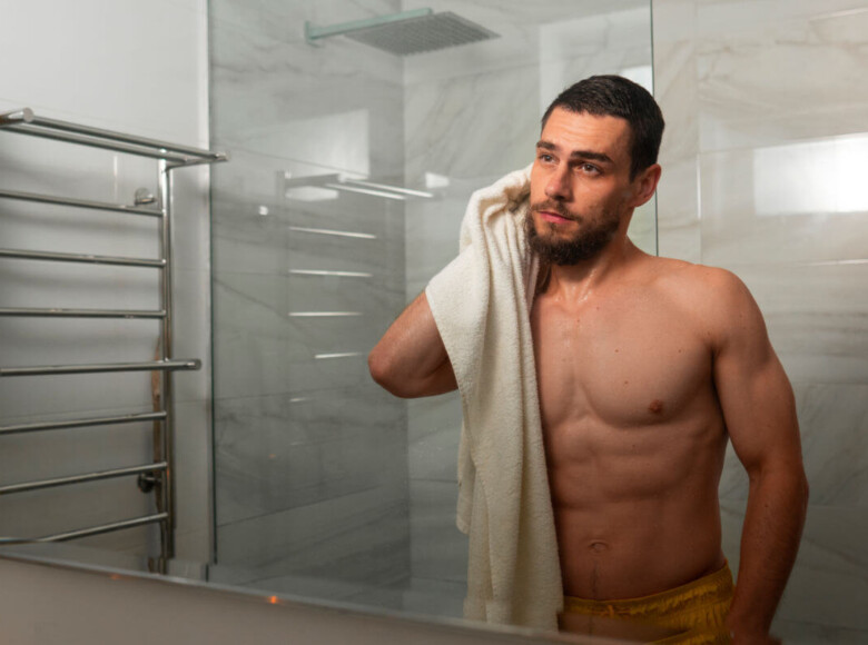Aftercare für Tops und Doms Symbolbild Topdrop: Ein Mann steht nackt vor dem Badezimmerspiegel und trocknet sich mit einem Handtuch ab. . Aftercare for tops and doms Symbolic image of a top drop: A man stands naked in front of the bathroom mirror and dries himself with a towel.