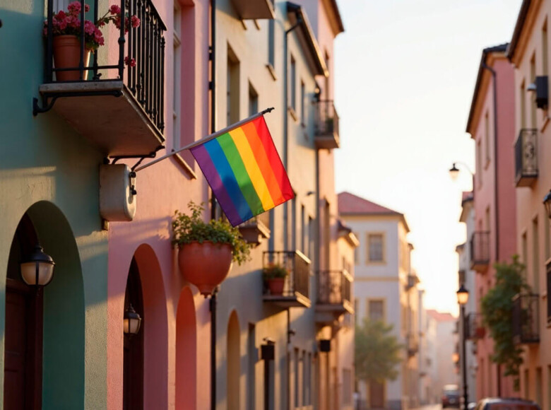 Dorfpride Symbolbild: Eine Regenbogen-Flagge hängt an einem Haus. Village pride Symbolic image: A rainbow flag hanging from a house.