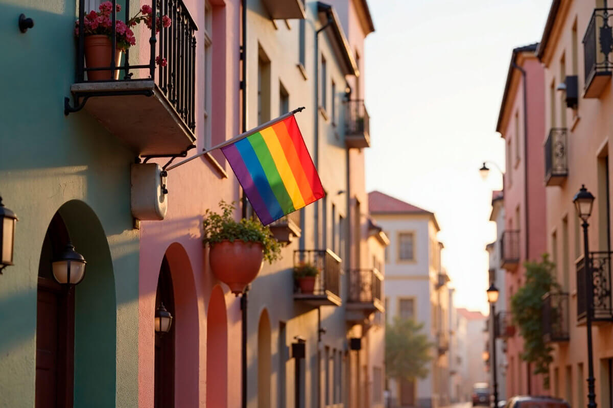 Dorfpride Symbolbild: Eine Regenbogen-Flagge hängt an einem Haus. Village pride Symbolic image: A rainbow flag hanging from a house.