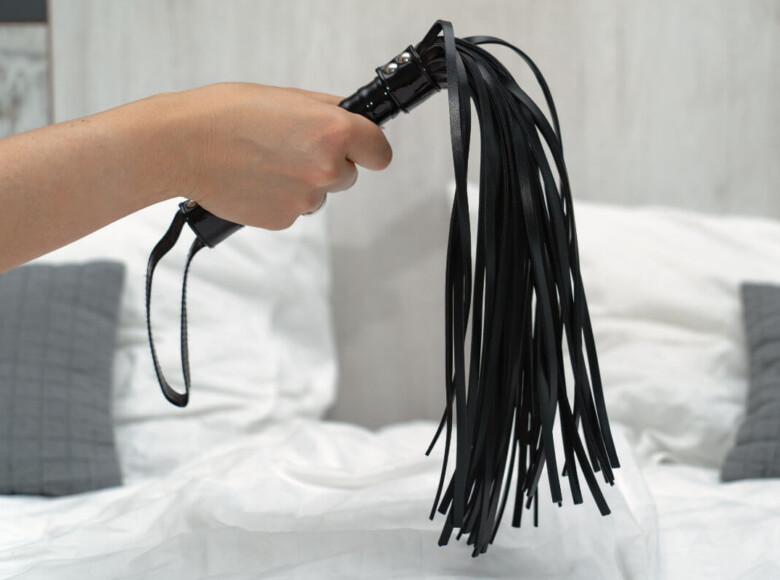 BDSM Geschichte Spanking, Paddling, Peitsche: Symbolbild eine schwarze Peitsche / Flogger. BDSM History Spanking, paddling, whipping: Symbolic image of a black whip/flogger.